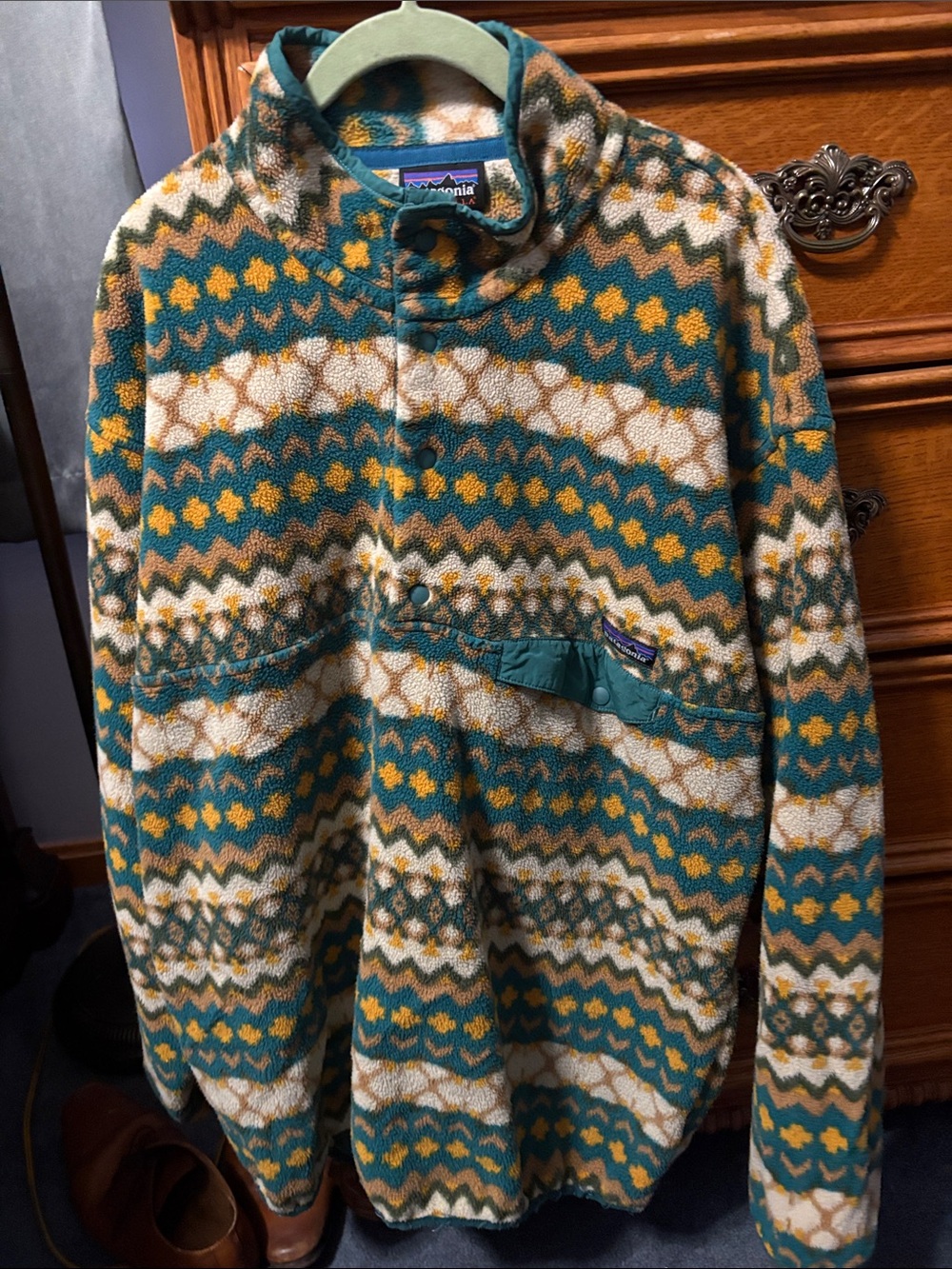 Patagonia Teal, Mustard & White Patterned Zip-Up Fleece